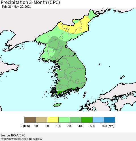 Korea Precipitation 3-Month (CPC) Thematic Map For 2/21/2021 - 5/20/2021