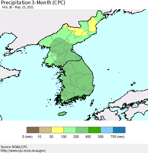 Korea Precipitation 3-Month (CPC) Thematic Map For 2/26/2021 - 5/25/2021