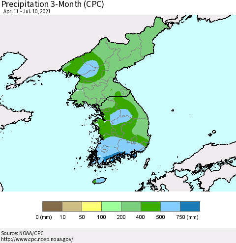 Korea Precipitation 3-Month (CPC) Thematic Map For 4/11/2021 - 7/10/2021