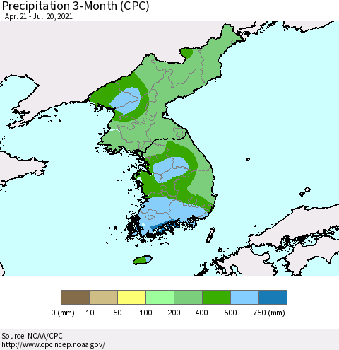 Korea Precipitation 3-Month (CPC) Thematic Map For 4/21/2021 - 7/20/2021
