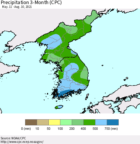 Korea Precipitation 3-Month (CPC) Thematic Map For 5/11/2021 - 8/10/2021