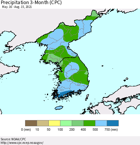 Korea Precipitation 3-Month (CPC) Thematic Map For 5/16/2021 - 8/15/2021