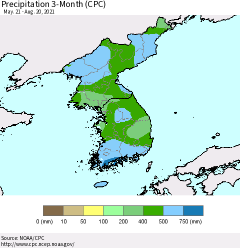 Korea Precipitation 3-Month (CPC) Thematic Map For 5/21/2021 - 8/20/2021