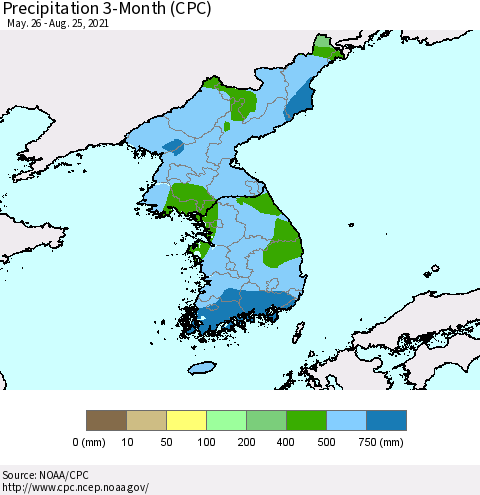 Korea Precipitation 3-Month (CPC) Thematic Map For 5/26/2021 - 8/25/2021