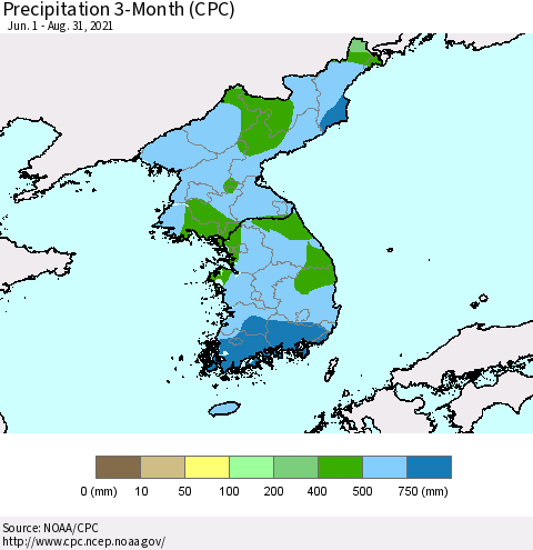Korea Precipitation 3-Month (CPC) Thematic Map For 6/1/2021 - 8/31/2021