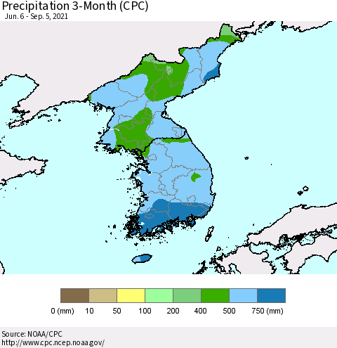 Korea Precipitation 3-Month (CPC) Thematic Map For 6/6/2021 - 9/5/2021