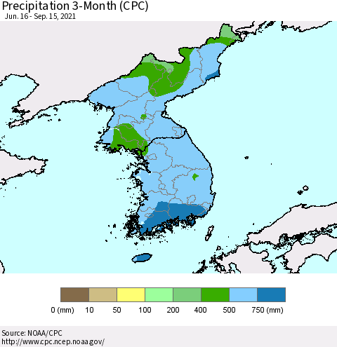 Korea Precipitation 3-Month (CPC) Thematic Map For 6/16/2021 - 9/15/2021