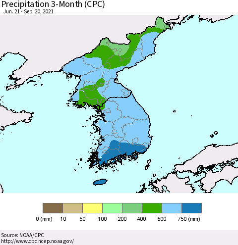 Korea Precipitation 3-Month (CPC) Thematic Map For 6/21/2021 - 9/20/2021