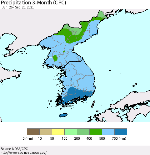 Korea Precipitation 3-Month (CPC) Thematic Map For 6/26/2021 - 9/25/2021