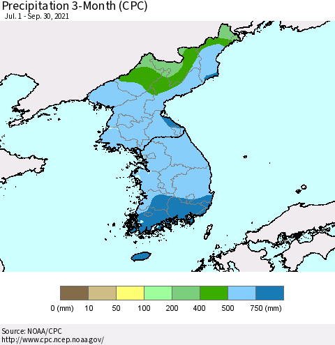 Korea Precipitation 3-Month (CPC) Thematic Map For 7/1/2021 - 9/30/2021