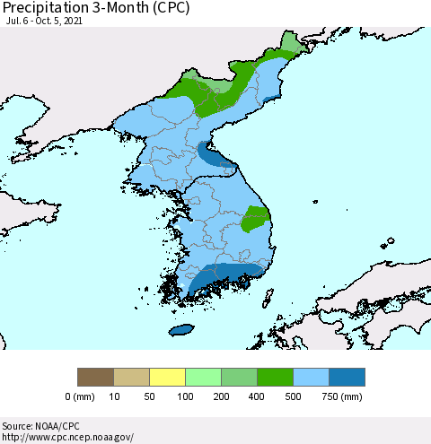 Korea Precipitation 3-Month (CPC) Thematic Map For 7/6/2021 - 10/5/2021