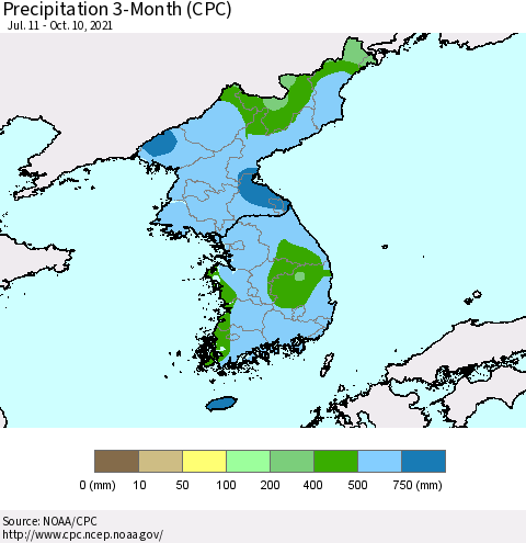 Korea Precipitation 3-Month (CPC) Thematic Map For 7/11/2021 - 10/10/2021