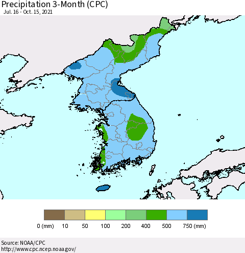 Korea Precipitation 3-Month (CPC) Thematic Map For 7/16/2021 - 10/15/2021
