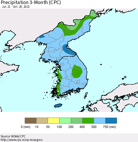 Korea Precipitation 3-Month (CPC) Thematic Map For 7/21/2021 - 10/20/2021