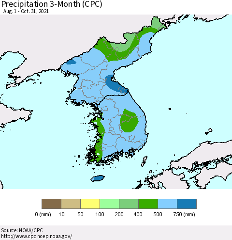 Korea Precipitation 3-Month (CPC) Thematic Map For 8/1/2021 - 10/31/2021