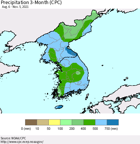 Korea Precipitation 3-Month (CPC) Thematic Map For 8/6/2021 - 11/5/2021