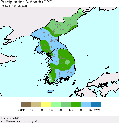 Korea Precipitation 3-Month (CPC) Thematic Map For 8/16/2021 - 11/15/2021