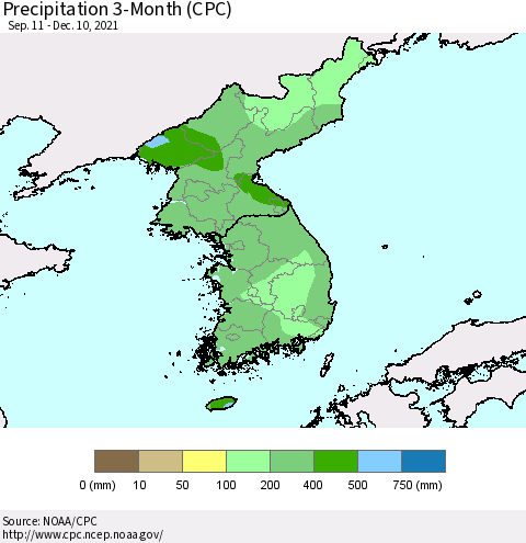 Korea Precipitation 3-Month (CPC) Thematic Map For 9/11/2021 - 12/10/2021