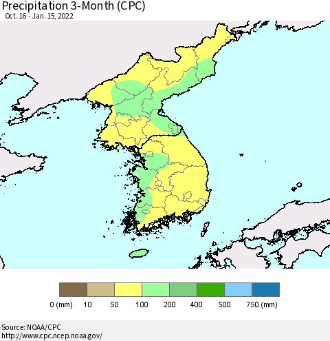 Korea Precipitation 3-Month (CPC) Thematic Map For 10/16/2021 - 1/15/2022
