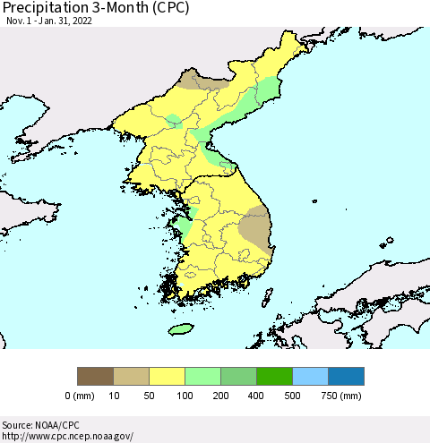Korea Precipitation 3-Month (CPC) Thematic Map For 11/1/2021 - 1/31/2022