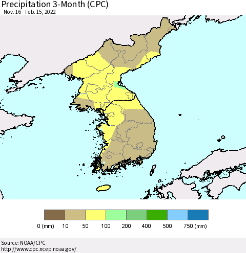 Korea Precipitation 3-Month (CPC) Thematic Map For 11/16/2021 - 2/15/2022