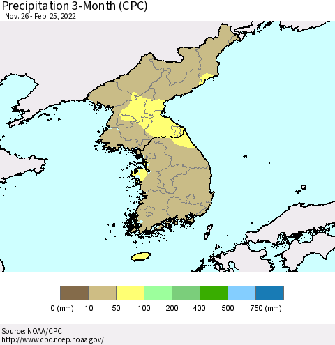 Korea Precipitation 3-Month (CPC) Thematic Map For 11/26/2021 - 2/25/2022