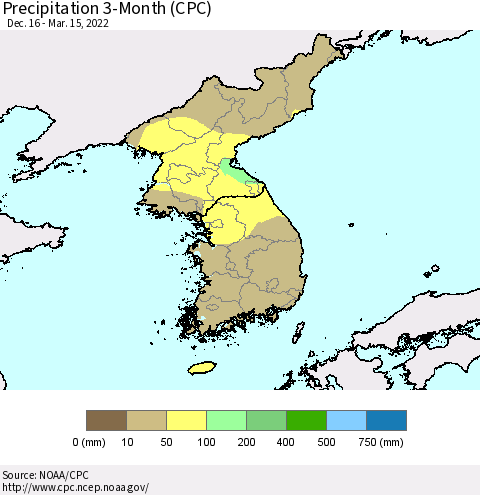 Korea Precipitation 3-Month (CPC) Thematic Map For 12/16/2021 - 3/15/2022