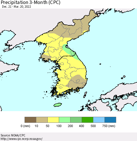 Korea Precipitation 3-Month (CPC) Thematic Map For 12/21/2021 - 3/20/2022