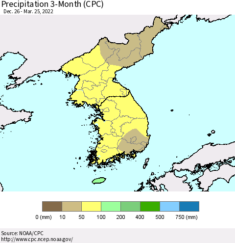 Korea Precipitation 3-Month (CPC) Thematic Map For 12/26/2021 - 3/25/2022