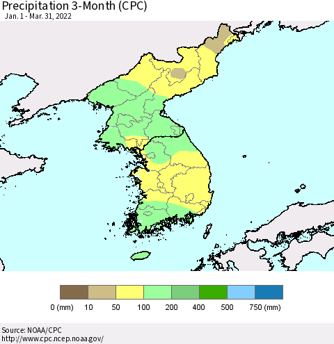 Korea Precipitation 3-Month (CPC) Thematic Map For 1/1/2022 - 3/31/2022
