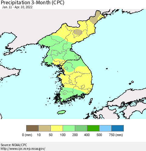 Korea Precipitation 3-Month (CPC) Thematic Map For 1/11/2022 - 4/10/2022