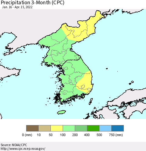 Korea Precipitation 3-Month (CPC) Thematic Map For 1/16/2022 - 4/15/2022