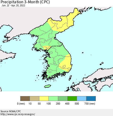 Korea Precipitation 3-Month (CPC) Thematic Map For 1/21/2022 - 4/20/2022
