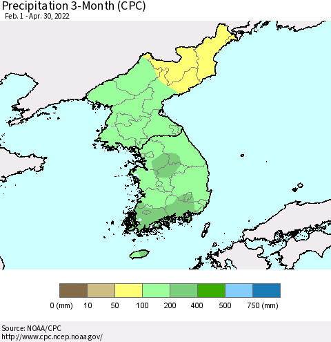Korea Precipitation 3-Month (CPC) Thematic Map For 2/1/2022 - 4/30/2022