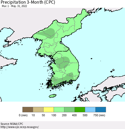 Korea Precipitation 3-Month (CPC) Thematic Map For 3/1/2022 - 5/31/2022