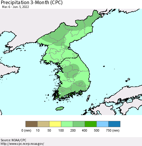 Korea Precipitation 3-Month (CPC) Thematic Map For 3/6/2022 - 6/5/2022