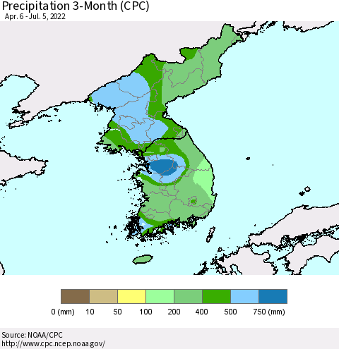 Korea Precipitation 3-Month (CPC) Thematic Map For 4/6/2022 - 7/5/2022