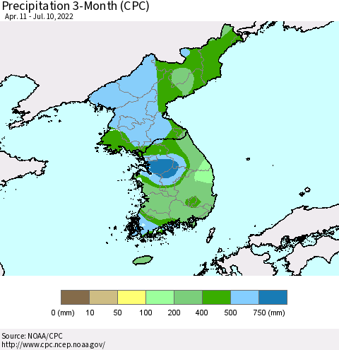 Korea Precipitation 3-Month (CPC) Thematic Map For 4/11/2022 - 7/10/2022