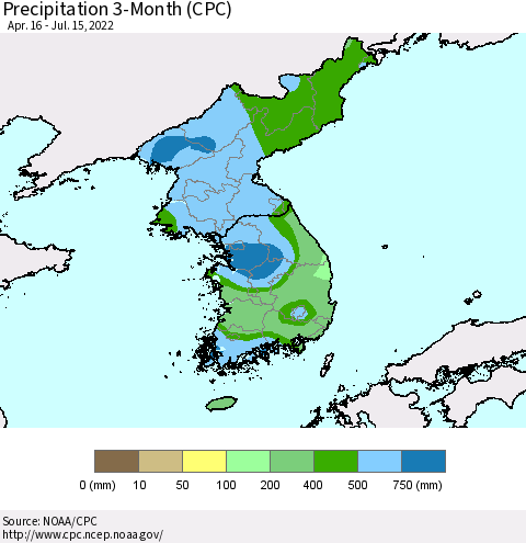 Korea Precipitation 3-Month (CPC) Thematic Map For 4/16/2022 - 7/15/2022