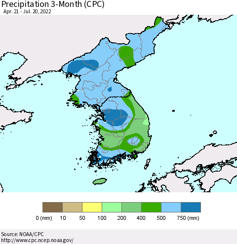Korea Precipitation 3-Month (CPC) Thematic Map For 4/21/2022 - 7/20/2022