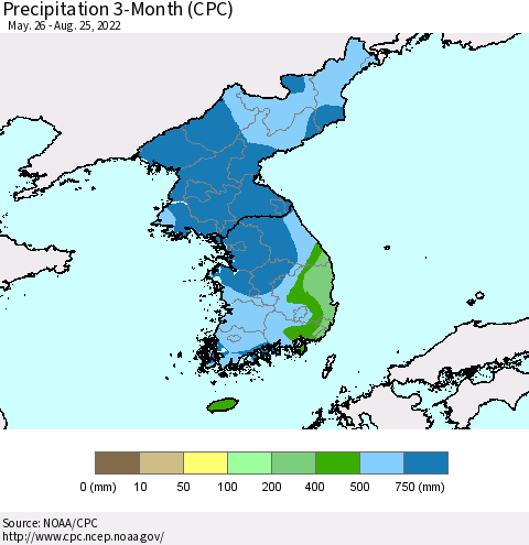 Korea Precipitation 3-Month (CPC) Thematic Map For 5/26/2022 - 8/25/2022