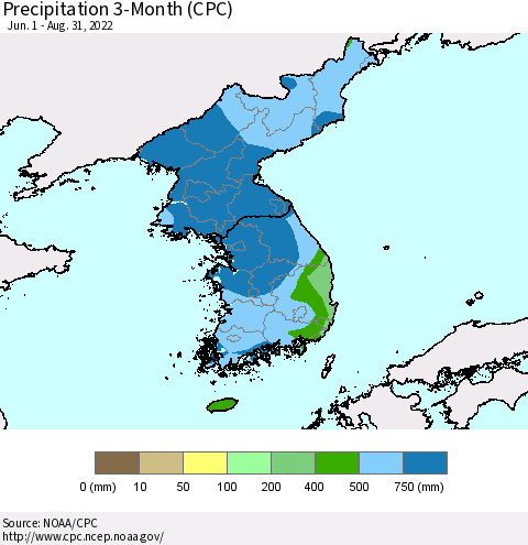 Korea Precipitation 3-Month (CPC) Thematic Map For 6/1/2022 - 8/31/2022