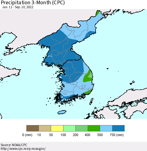 Korea Precipitation 3-Month (CPC) Thematic Map For 6/11/2022 - 9/10/2022