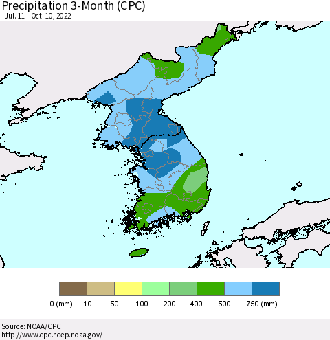 Korea Precipitation 3-Month (CPC) Thematic Map For 7/11/2022 - 10/10/2022
