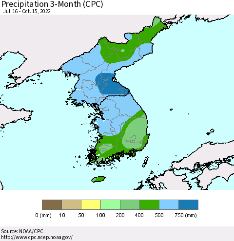 Korea Precipitation 3-Month (CPC) Thematic Map For 7/16/2022 - 10/15/2022