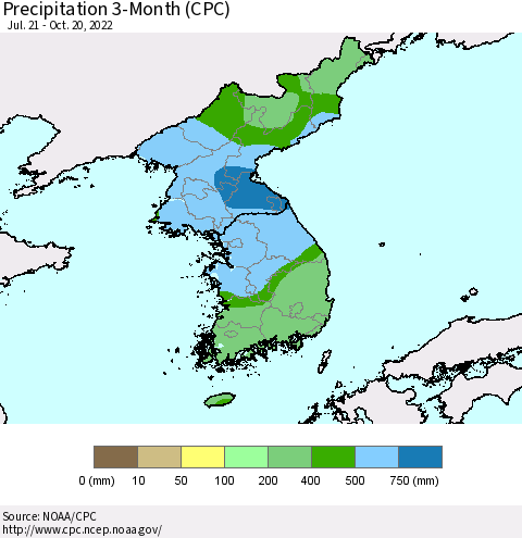 Korea Precipitation 3-Month (CPC) Thematic Map For 7/21/2022 - 10/20/2022