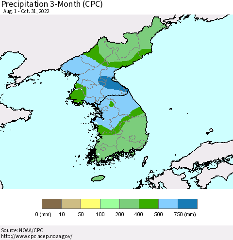 Korea Precipitation 3-Month (CPC) Thematic Map For 8/1/2022 - 10/31/2022