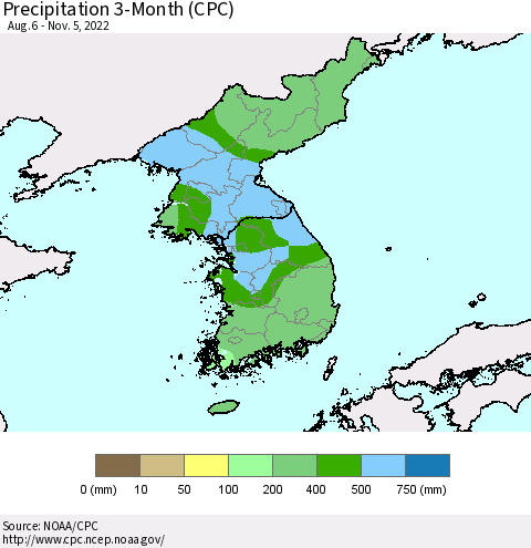 Korea Precipitation 3-Month (CPC) Thematic Map For 8/6/2022 - 11/5/2022