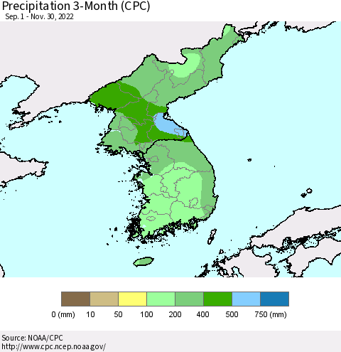 Korea Precipitation 3-Month (CPC) Thematic Map For 9/1/2022 - 11/30/2022