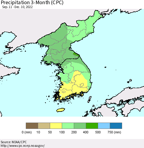 Korea Precipitation 3-Month (CPC) Thematic Map For 9/11/2022 - 12/10/2022